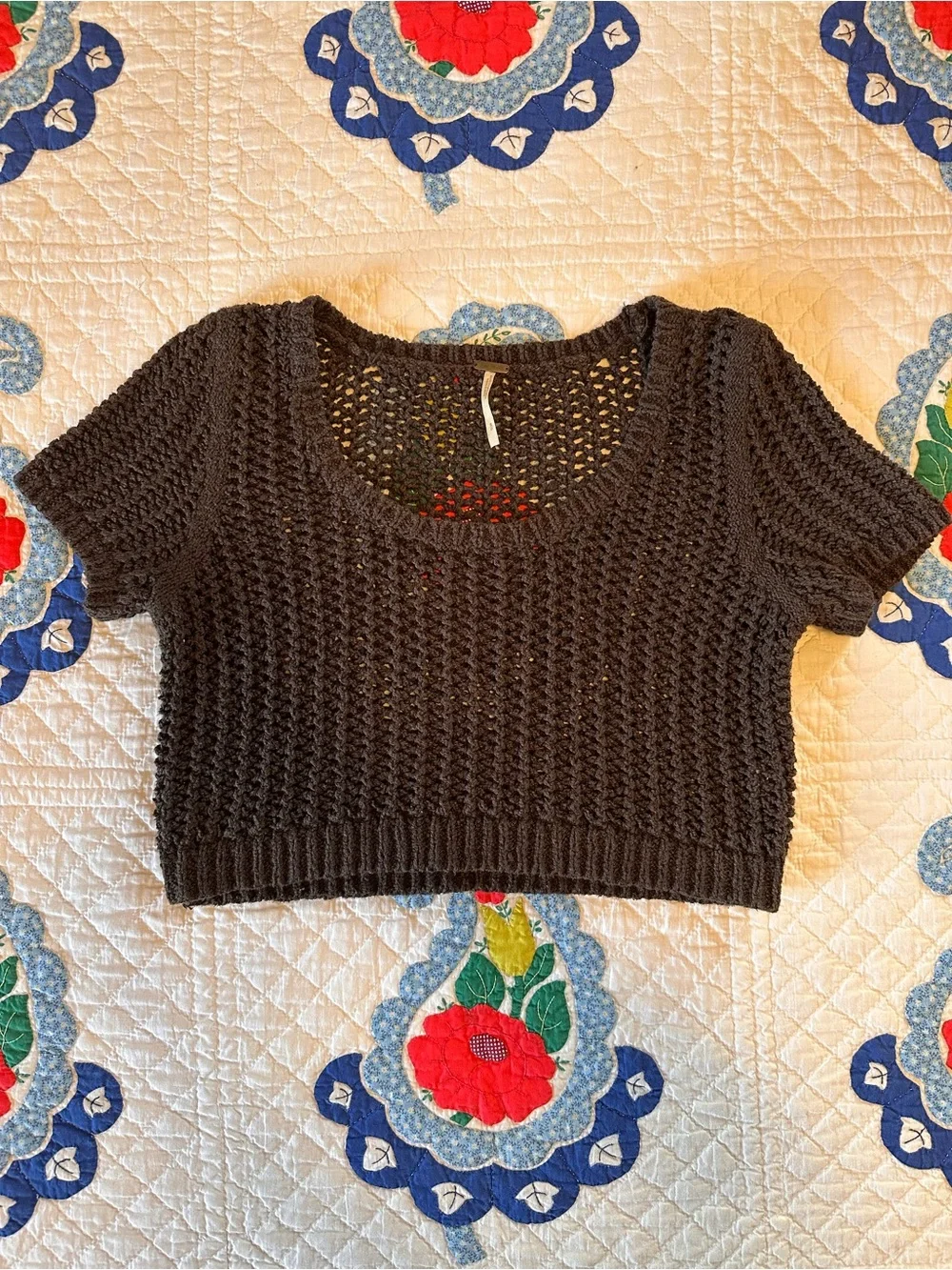 Free People Brown Cropped Open-Knit Short Sleeve Crocheted Top